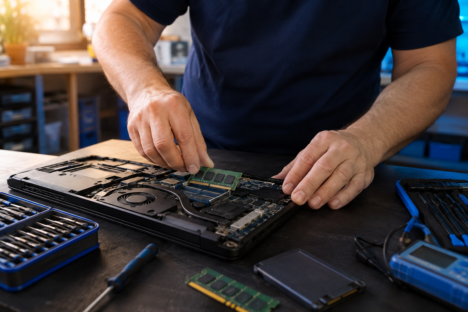 Technician carefully installing memory in an open laptop at a computer repair workbench